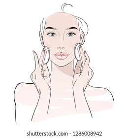 Young woman who cleans her face with cotton pads. Skin care routine. Fashion woman sketch. Spa beauty concept. Hand drawn vector illustration. 