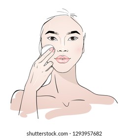 Young woman who cleans her face with cotton pads. Girl remove eye make up. Skin care routine. Fashion woman sketch. Spa beauty concept. Hand drawn vector illustration. 