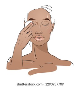 Young woman who cleans her face with cotton pads. Girl remove eye make up. Skin care routine. Fashion woman sketch. Spa beauty concept. Hand drawn vector illustration. 