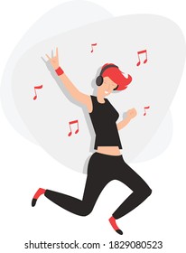 A young woman who is dancing to rock music isolated on a white background