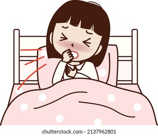 A young woman who goes to bed and coughs.
