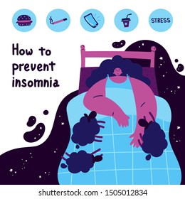 Young woman who has overcome insomnia lying in bed.Woman suffering from insomnia.What causes insomnia banner.How to prevent insomnia.Vector illustration.Flat