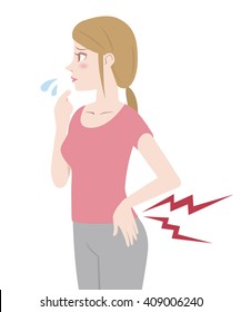 young woman who have a backache, side view, illustration like handwriting