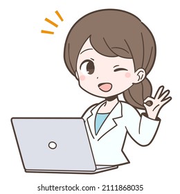 Young woman who issues ok sign in front of pc in white coat