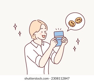 A young woman who looks happy when she sees her bankbook. Hand drawn style vector design illustrations.