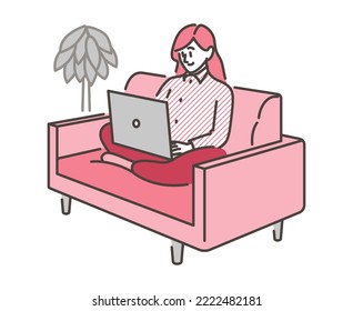 A young woman who operates a laptop on the sofa in the living room [Vector illustration material]