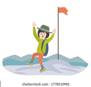 Young  woman who are overjoyed by raising their hands at the summit.Vector illustration.