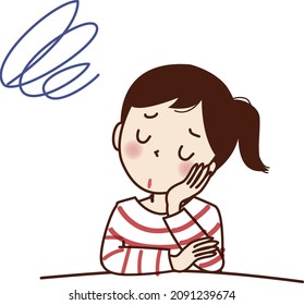 A young woman who puts her hand on her cheek and sighs.