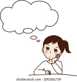 A young woman who puts her hand on her cheek and thinks about something.