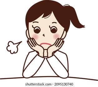 A young woman who puts her hand on her cheek and sighs.