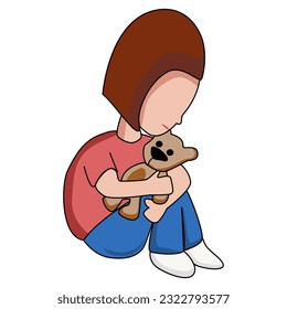 Young woman who suffers from mental health diseases is sitting on the floor and holding a doll. flat cartoon style