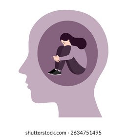 Young woman who suffers from mental health diseases is sitting on the floor. Girl surrounded by symptoms of depression disorder: anxiety, crisis, tears, exhaustion, loss, overworked, tired.