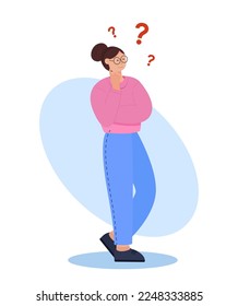 A young woman who thinks about a question. A person who doubts his choice. Problem solving concept, woman thinking, with question mark. Flat illustration.