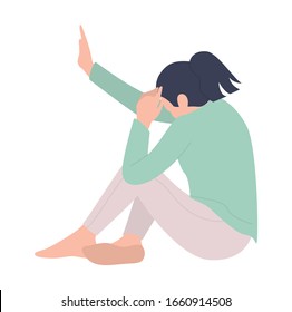 Young woman who is threatened by husband. Female character sitting on the floor defending herself. Domestic violence and abuse concept. Isolated vector illustration in cartoon style