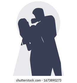 Young woman who is threatened by husband behind closed door. Male character punching woman in the face in keyhole. Domestic violence and abuse concept. Isolated vector illustration in cartoon style