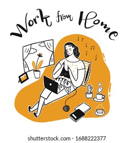 Young woman who work and hobbies together, Work from home concept, Hand drawn, Vector Illustration doodle style.