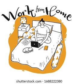Young woman who working on the bed with her laptop, Work from home concept, Hand drawn, Vector Illustration doodle style.