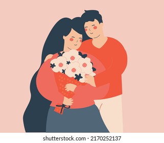Young woman or wife holds a bouquet of flowers and embraces her husband. newly married couple hug each other with love and care. family day, mother's day, Valentine day and domestic life. Vector stock