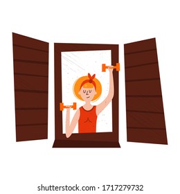 A young woman at the window doing exercises