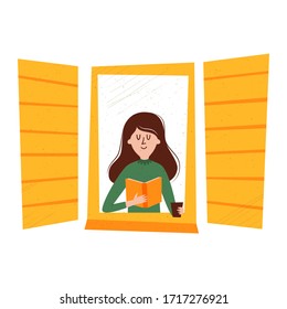 A young woman at the window reading a book and drinking tea or coffee, character staying at home, coronavirus quarantine - Vector illustration, flat style