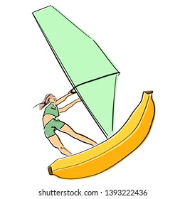 Young woman windsurfer on windsurf banana. Healthy vegetarian food and active lifestyle symbol. Windsurfing flat illustration. Colorful fun drawing. Isolated black contour and colors.