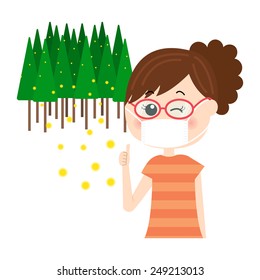 A young woman winking with a mask and glasses on, allergy caused by cedar pollen, vector illustration