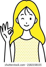 a young woman winking and signing OK