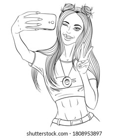 Young woman winking and sticking out her tongue taking selfie with a gesture peace. The glamourus lady making a photo. Vector illustration isolated on white background. Coloring book page