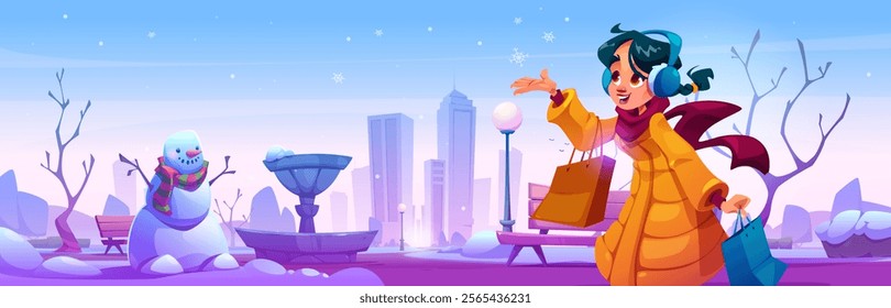 Young woman in winter city park. Vector cartoon illustration of happy girl with shopping bags catching snowflakes, snowman on public garden alley, benches and fountain, modern cityscape on background