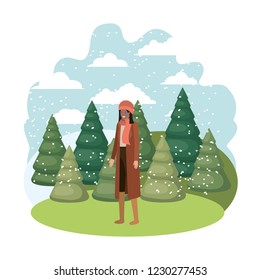 young woman with winter clothes and winter pines avatar character