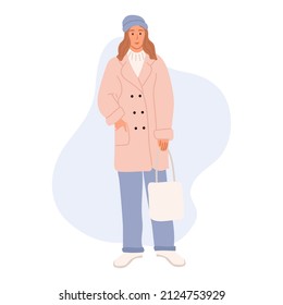 A young woman in winter clothes. Street style girl. Stylish people in fashionable clothes. Flat vector illustration