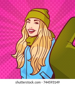 Young Woman In Winter Clothes Take Selfie Photo Over Colorful Retro Style Background Vector Illustration