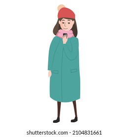 Young Woman winter cold weather clothes, cap, warm coat, , with smartphone, scarf, boots. Cartoon flat style