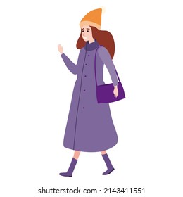 Young Woman winter cold weather clothes, cap, warm coat, boots. Cartoon flat style