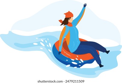 Mujer joven invierno divertido deslizante tubo de nieve pendiente de montaña aislado fondo blanco. Mujer usando chaqueta sombrero bufanda sentada tubo de goma ondeando. Ilustración de la actividad de nieve Vector