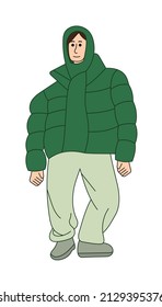 Young woman in winter jacket vector illustration. Bubble jacket.