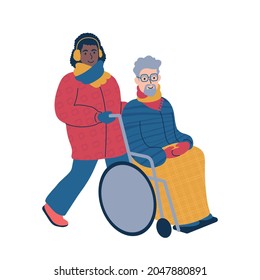 A young woman in winter puffer coat pushing a wheelchair with a senior man. Cosy outdoor winter scene. Flat style isolated vector illustration.