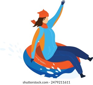 Young woman winter snow tubing adventure isolated white background illustration. Enthusiastic female rides snow tube red hat blue jacket outdoor winter sport. Girl enjoying activity tubing