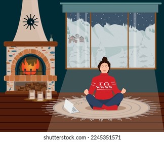 A young woman in a winter sweater meditates in a living room with a fireplace. Yoga at home. music therapy. Vector illustration.