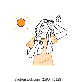 A young woman wiping sweat from her forehead while drinking a bottle of water, enjoying the sunny weather but feeling the summer heat, illustrated in doodle style.