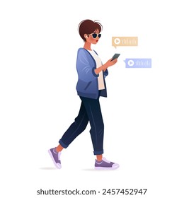 Mujer joven en auriculares inalámbricos caminando y usando su teléfono inteligente. Personaje sosteniendo un teléfono móvil en sus manos y escuchando mensajes de voz. Ilustración vectorial aislada sobre fondo blanco.