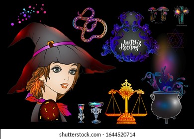 Young woman witch with cauldron, magician plants and animals Clip art, set of elements for witchcraft design. Colored vector illustration..