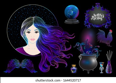 Young woman witch with cauldron, magician plants and animals Clip art, set of elements for witchcraft design. Colored vector illustration..