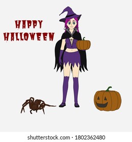 A young woman in a witch costume with a pumpkin in her hand is standing next to a large spider next to it is written Happy Halloween