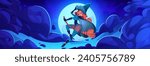Young woman witch flying on broom in sky at night. Cartoon vector Halloween illustration of cute female smiling character on magic broomstick on background of dark blue sky with clouds and full moon.