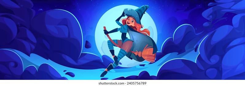 Young woman witch flying on broom in sky at night. Cartoon vector Halloween illustration of cute female smiling character on magic broomstick on background of dark blue sky with clouds and full moon.