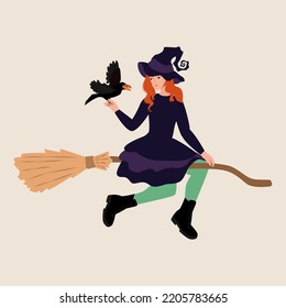 Young woman in witch Halloween costume. Witch flying on the broom in costume and cape. Cartoon vector illustration