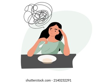 Young woman without appetite before eating. Sadly sits and worries. Symptoms of depression reduce appetite and reduce weight. Vector illustration.