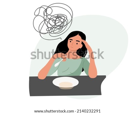 Young woman without appetite before eating. Sadly sits and worries. Symptoms of depression reduce appetite and reduce weight. Vector illustration.
