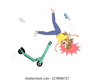 Young woman without helmet crashing an e-scooter hard and flying over the handlebars. Accident with injury on electric scooter. Vector illustration.